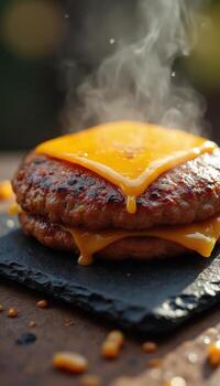 A hamburger with cheese and meat on a black slate photo