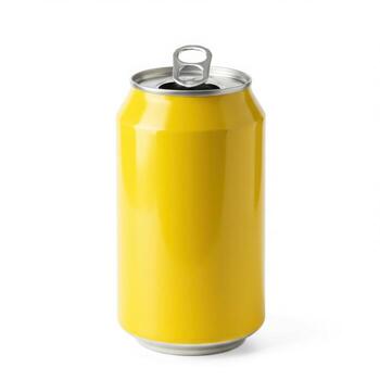 A yellow beverage can with a silver top and pull tab is displayed isolated on white background photo