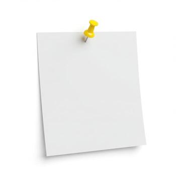 Blank paper sheet attached with a yellow push pin close up view isolated on white background photo