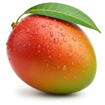 A single mango with a leaf and water droplets on a light surface isolated on white background photo
