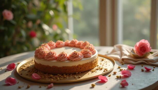 A cake with pink frosting sits on a table photo