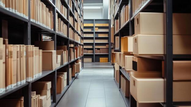 A long aisle in a library with boxes on shelves photo