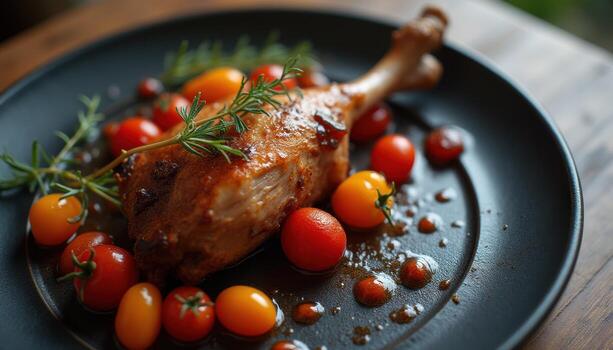 A plate with a chicken and tomatoes on it photo