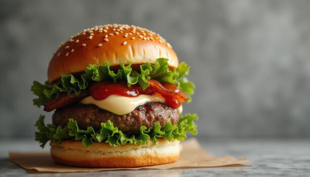 A hamburger with cheese, lettuce and tomato on a paper photo