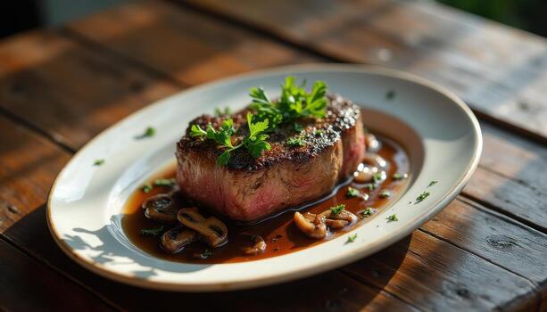 un filete en un blanco plato con hongos y salsa foto