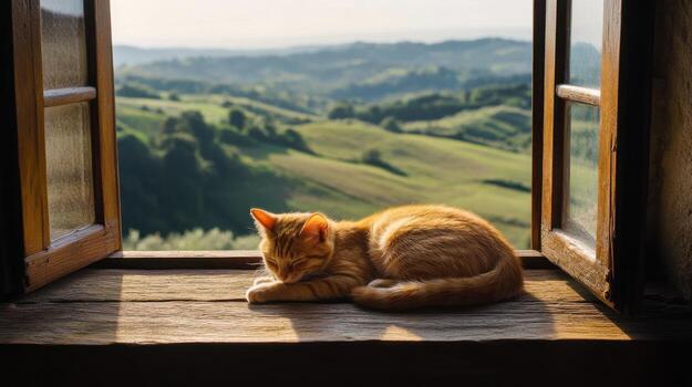 A cat sleeping on a window sill with a view of a green landscape photo