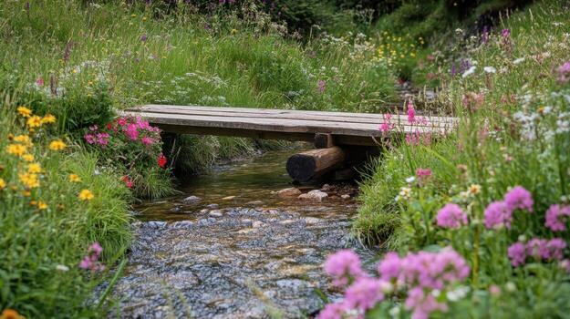 A wooden bridge crosses a stream in a field of flowers photo