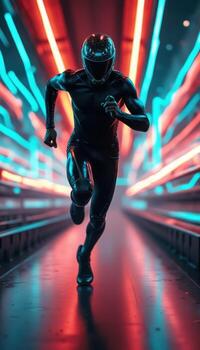 A man in a black suit running through a tunnel with neon lights photo