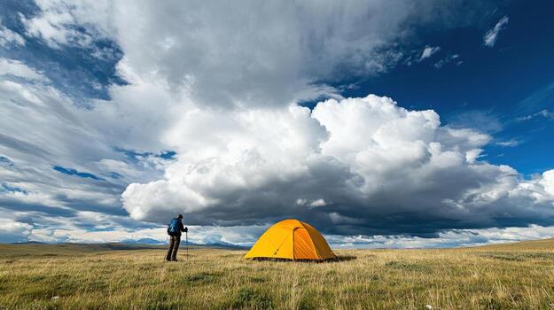 A person standing in front of a tent on a field photo