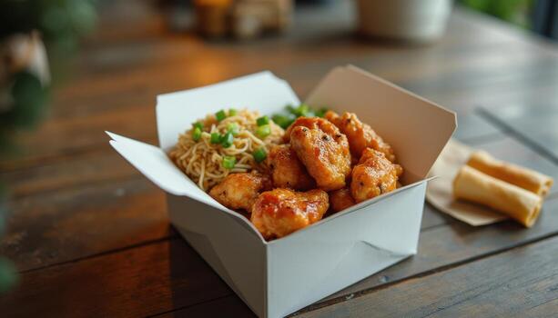 A white box with chicken and noodles in it photo