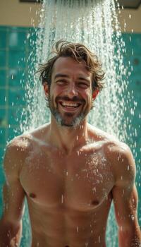 A man is smiling while standing under a shower photo