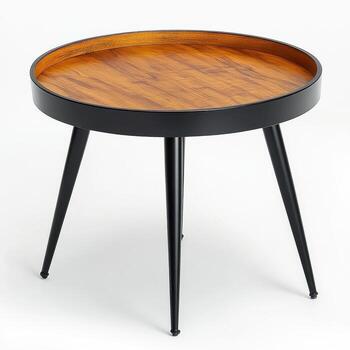 un redondo mesa con negro piernas y un de madera parte superior foto