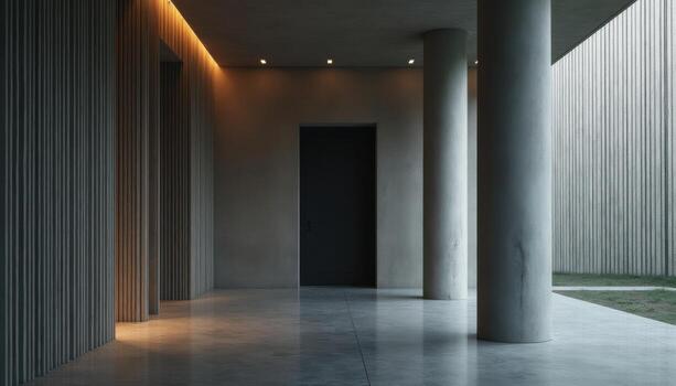 A hallway with concrete walls and a light photo