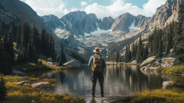 A man with a backpack standing on a rock overlooking a lake photo