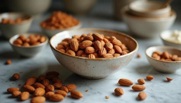 Almonds in bowls and bowls on a table photo