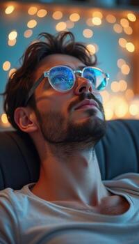 A man with glasses on is looking up at the sky photo