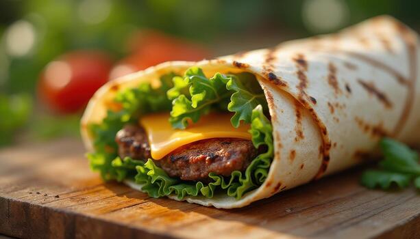 A wrap with cheese and lettuce on top photo
