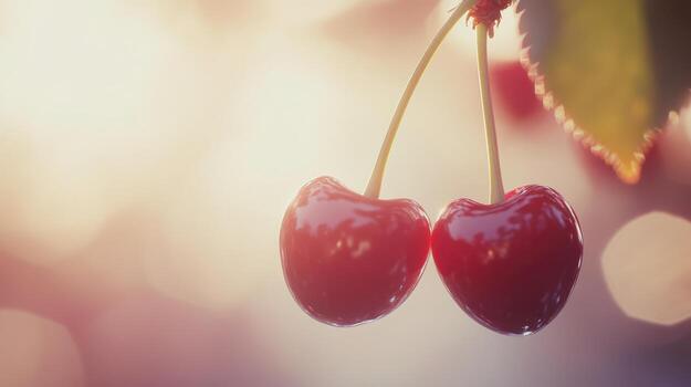 dos cerezas son colgando desde un rama foto