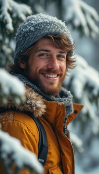 A man in a winter coat smiling in the snow photo