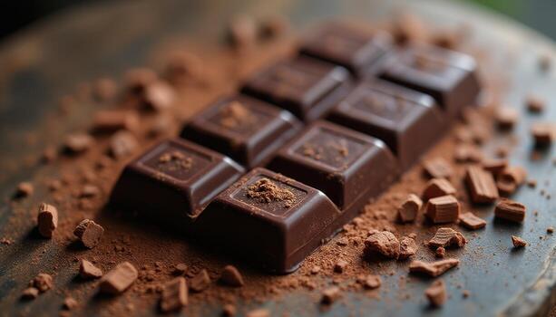 Chocolate bars on a wooden table with scattered pieces photo