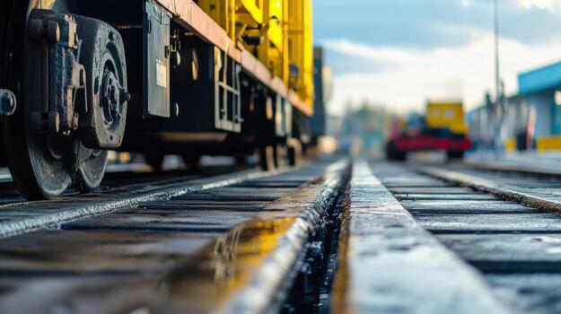 A close up of a train on the tracks photo