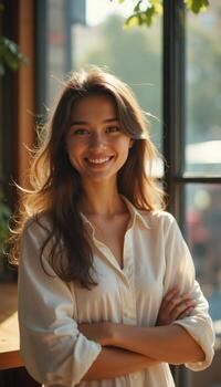 un mujer sonriente en frente de un ventana foto