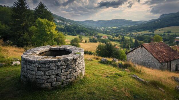 A stone well in the middle of a grassy hill photo