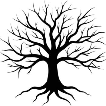 estilizado negro silueta de un desnudo árbol con visible raíces en un blanco antecedentes caduco invierno vector