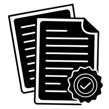 Black and white icon of two documents with a checkmark seal on white background paper approved vector
