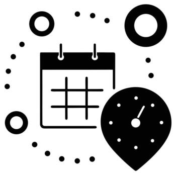 Black and white icon representing a calendar, clock, and location pin surrounded by circles and dots on a white background vector