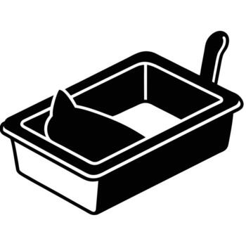 Cat using a litter box with a litter scoop handle visible in black and white icon animal hygiene vector