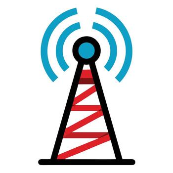 Cell Tower Icon with Red Stripes and Blue Signal Waves communication network vector