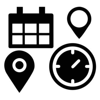 Black icons of a calendar, two location pins, and a clock on a white background time date vector