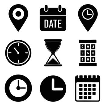 cuadrícula de nueve negro íconos para tiempo, fecha, y ubicación en blanco antecedentes vector