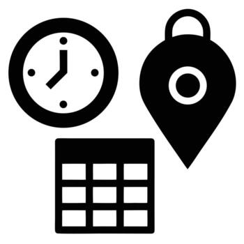 Black icons of a clock, a location pin, and a calendar grid on a white background time date vector