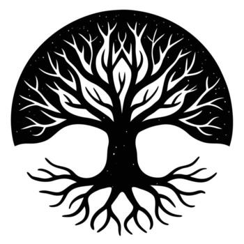 Black Silhouette of a Tree of Life with Intricate Branches and Roots within a Circle on a White Background vector