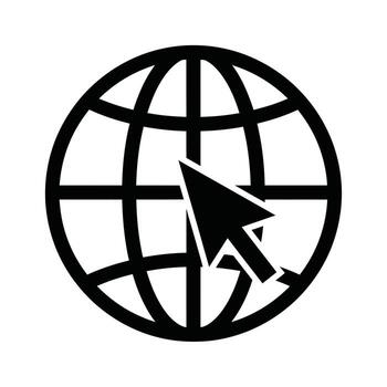 Black icon of a globe with a cursor arrow pointing towards it, representing internet or web access vector