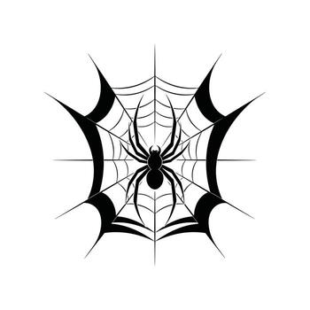 Black silhouette of a spider on a web with radiating lines and curved sections on a white background vector