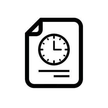 Black outline icon of a document or paper with a clock face and lines of text on a white background vector