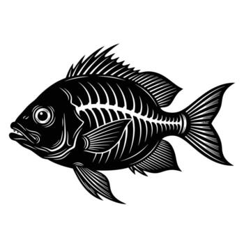 Black silhouette of a fish skeleton with detailed bone structure on a white background bones vector