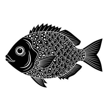Black and white stylized fish illustration with intricate scale patterns and decorative fins on a white background vector