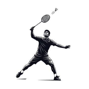 Dynamic black and white illustration of a male badminton player executing a powerful overhead smash with a shuttlecock in motion vector
