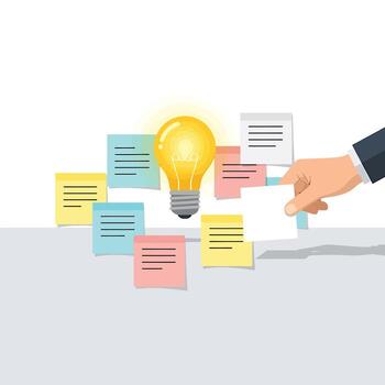 Hand adding a sticky note to a collection of notes around a glowing light bulb idea concept vector