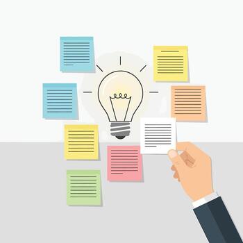Hand Placing a Sticky Note on a Wall with a Light Bulb and Other Notes idea brainstorming vector