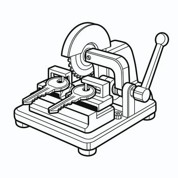 Line art drawing of a key cutting machine with two keys clamped in place locksmith security vector