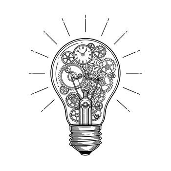 Intricate Line Drawing Of A Light Bulb Filled With Clockwork Gears And A Clock Face idea innovation vector