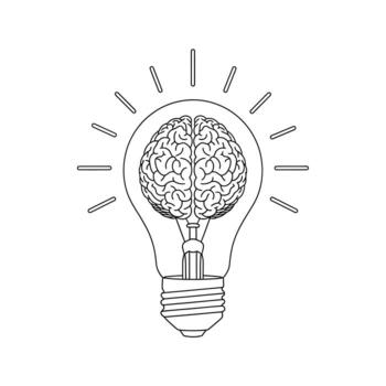 Outline Illustration of a Light Bulb Containing a Human Brain with Rays on White Background idea vector