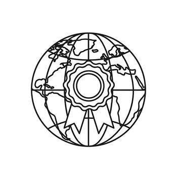 Outline Icon of a Globe with a Ribboned Award or Seal of Approval Overlay earth world vector
