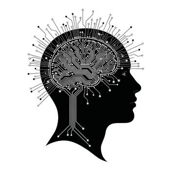 Silhouette of a human head with a circuit board brain and radiating lines on white background vector