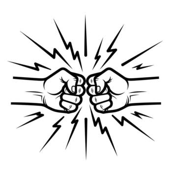 Two Fists Clashing With Bursting Lightning Bolts On White Background vector